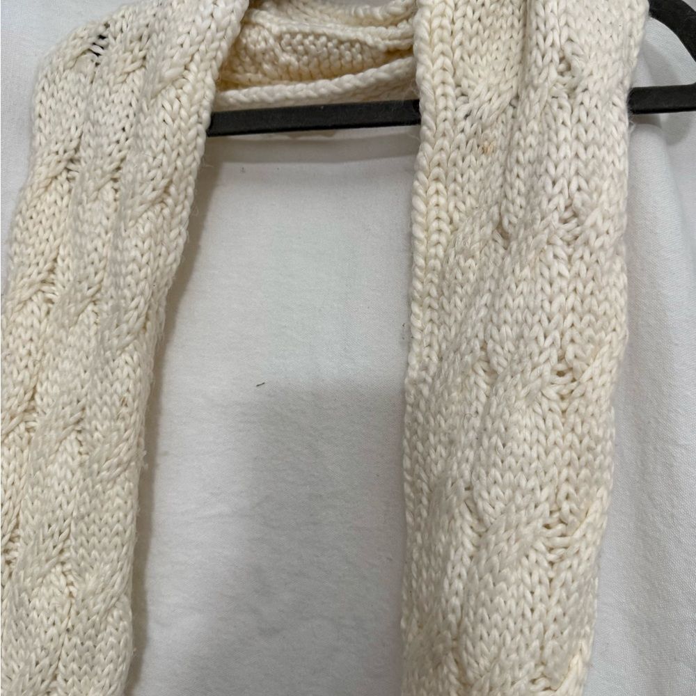 Hand Knit Cable Scarf Cream Ivory Fringe Heart Buttons Cozy Valentine Gift